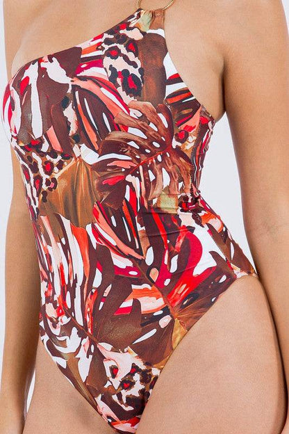 ONE PIECE BATHING SUIT FLORAL PRINT SINGLE SHOULDE